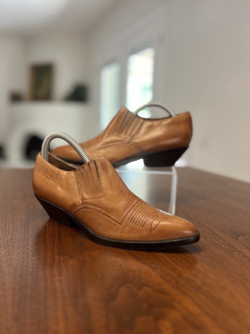 Vintage Circle S Tan Leather Western Ankle Boots Slip On Shooties Women's Sz 6.5